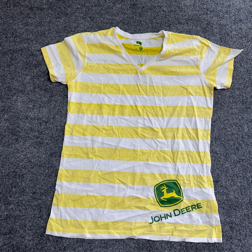 John Deere T-Shirt Womens Size XL Yellow White Striped V-Neck Short Sleeve Logo